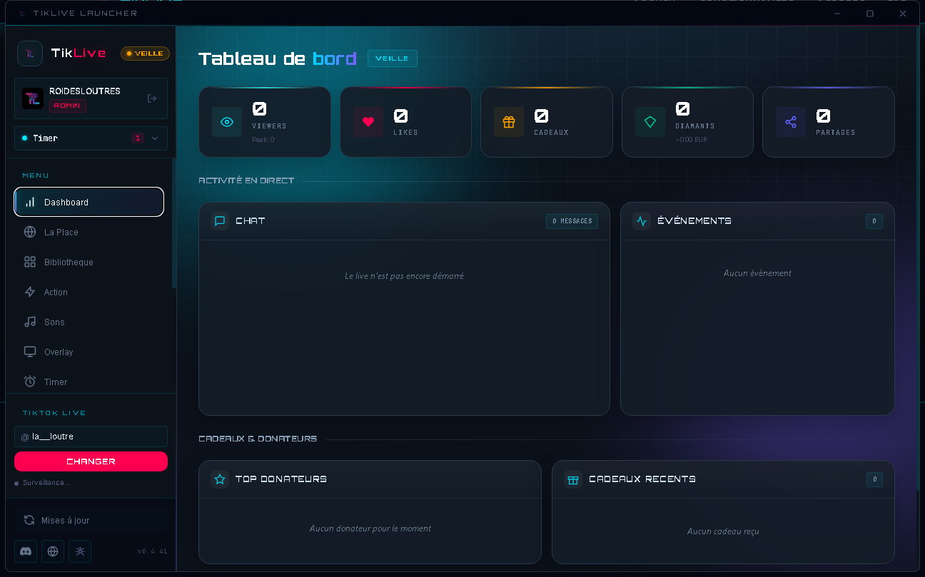 Aperçu du dashboard TikLive